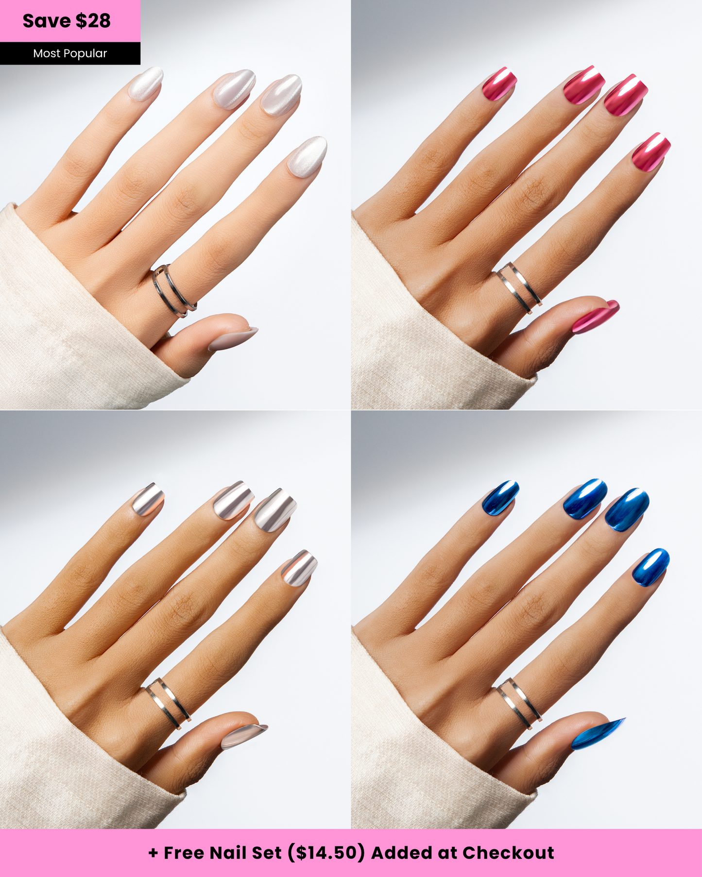 Mirror Hour | 4-Piece Chrome Press-On Nail Bundle